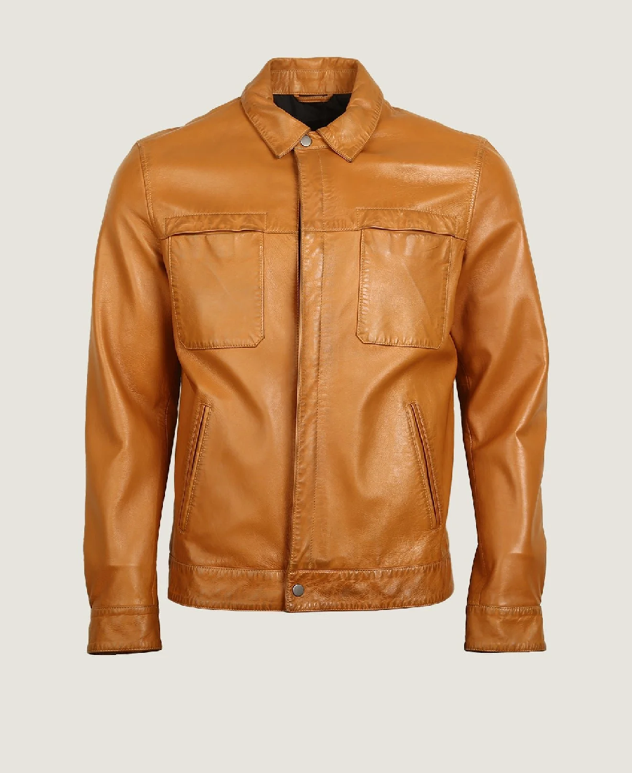 Men Classic Shirt Collar Black Leather Jacket 1 Men’s Simple Brown Vegan Leather Jacket Front