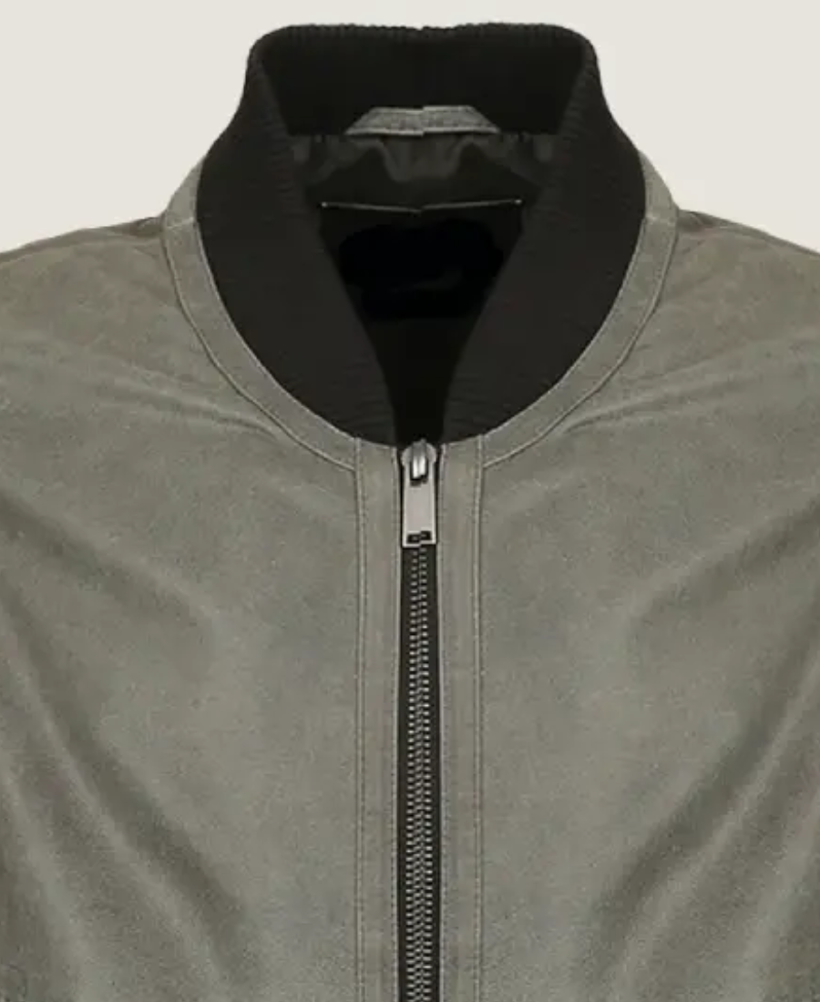 Men'S Simple Grey Bomber Leather Jacket 3 Men’s Simple Grey Bomber Leather Jacket Collar