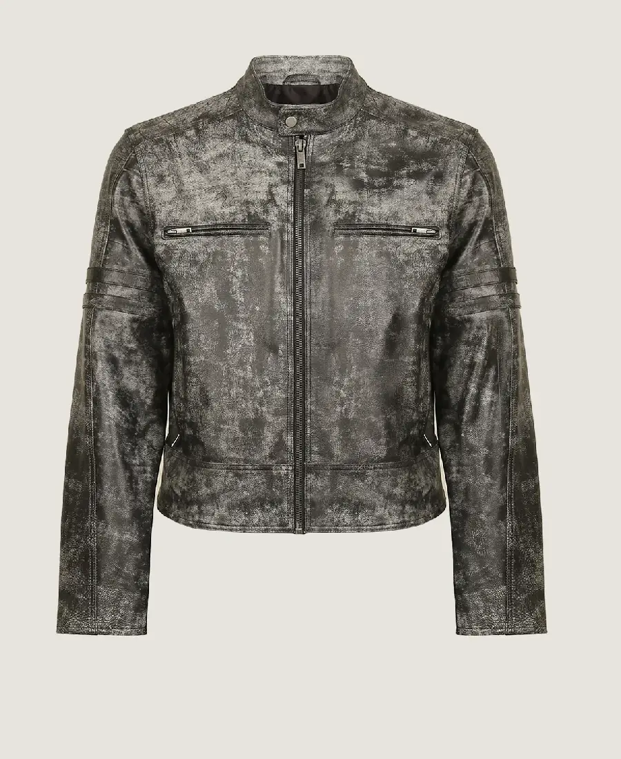 Men's Distressed Grey Cafe Racer Leather Jacket