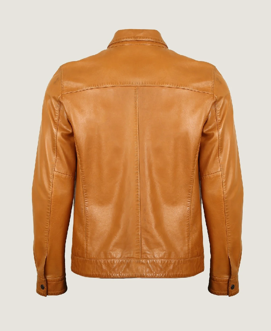 Men Classic Shirt Collar Black Leather Jacket 2 Shop The Men’s Simple Brown Vegan Leather Jacket Back