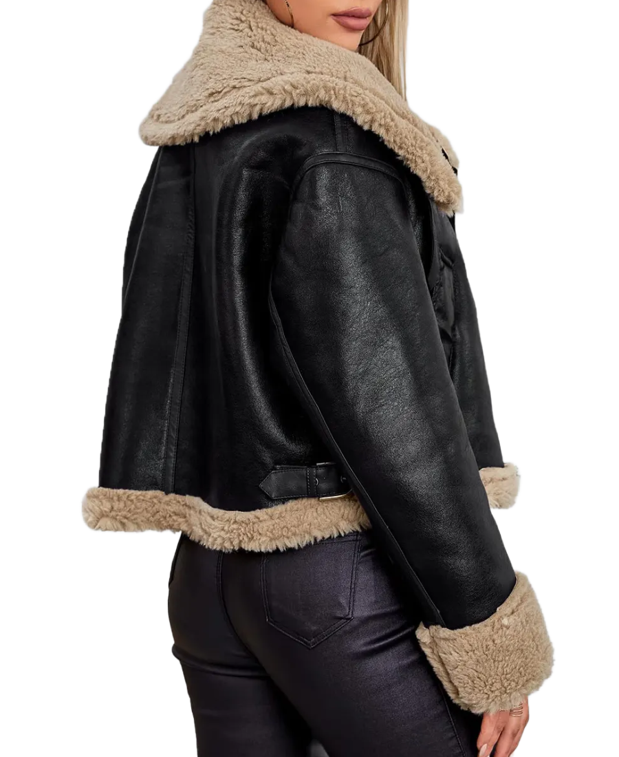 Women Black Leather Shearling Jacket 3 Women Black Leather Shearling Jacket Back