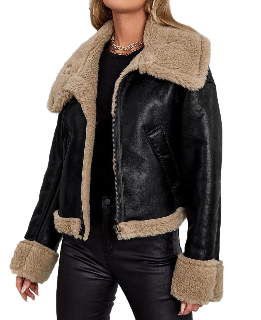 Women Black Leather Shearling Jacket 4 Women Black Leather Shearling Jacket Front
