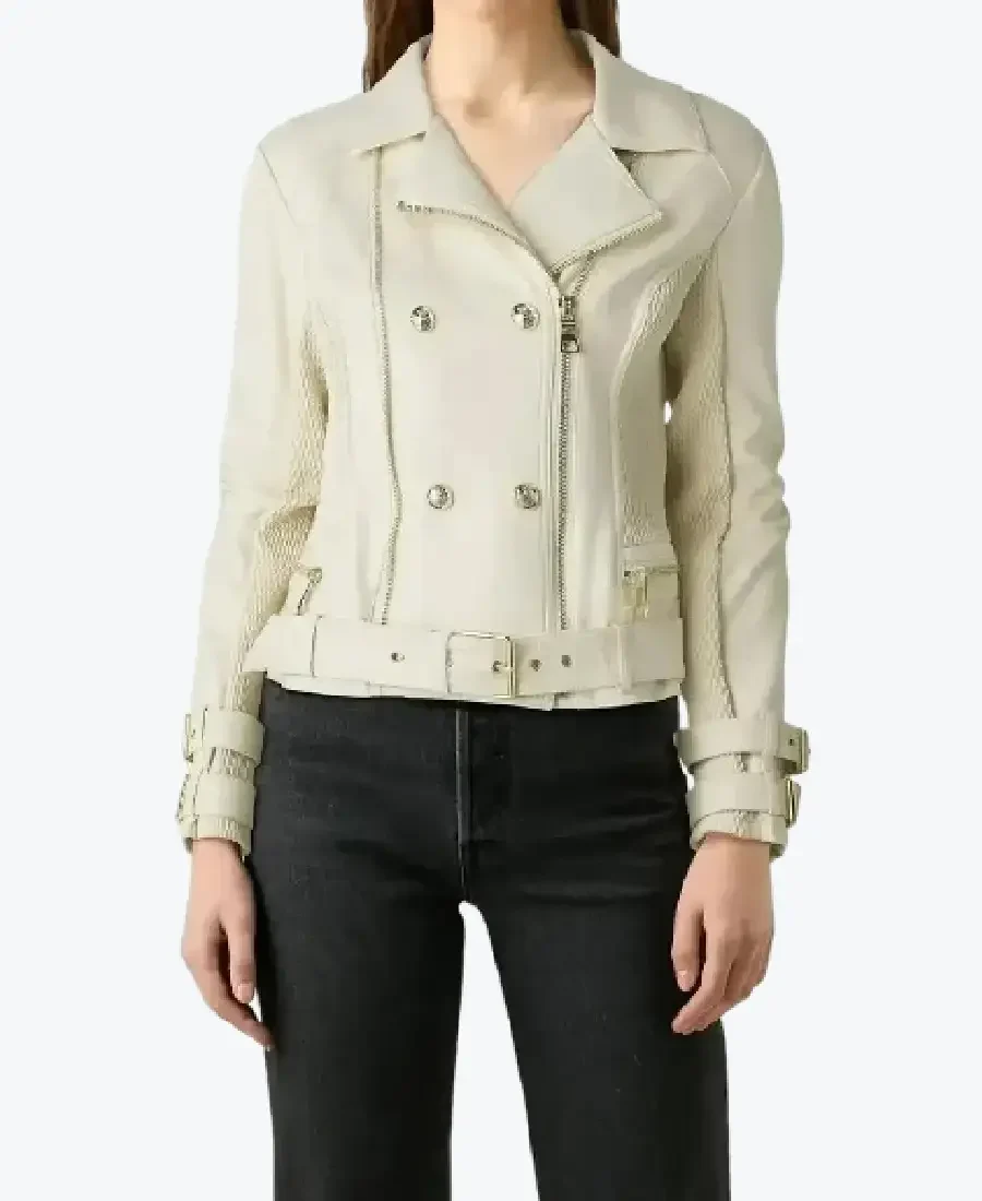 Women Double Breasted Dove White Leather Biker Jackets women double breasted dove white leather biker jackets rare jacket