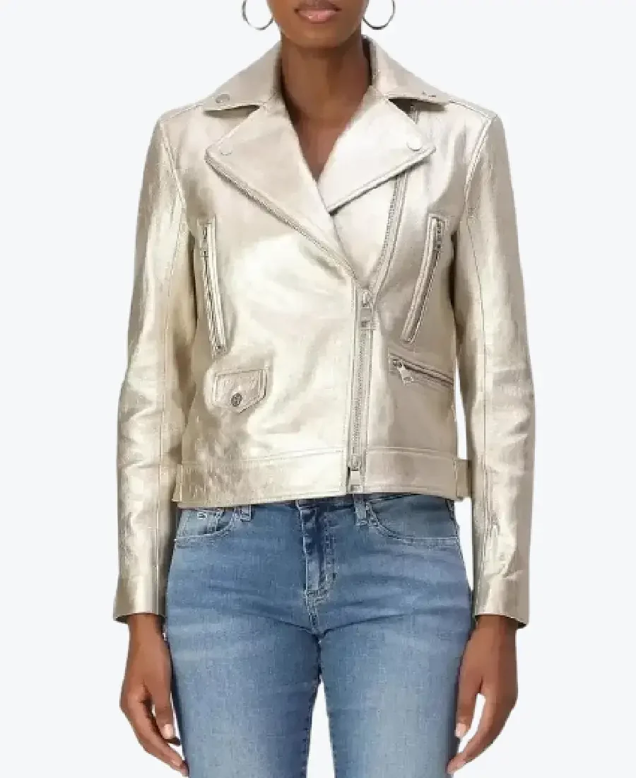 Women Lapel Light Silver Leather Biker Jackets Rare Jacket