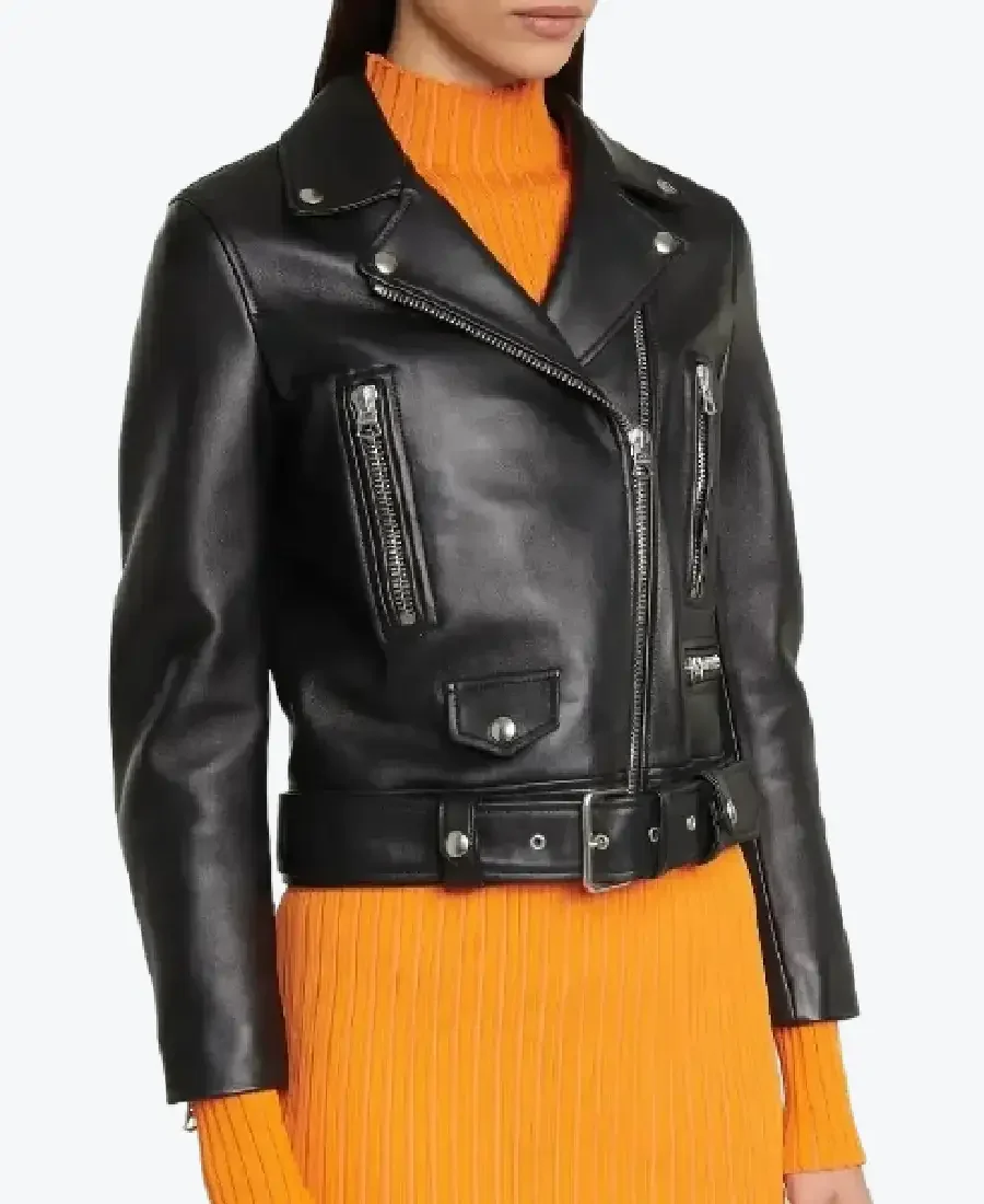 Women Slim Fit Belted Black Motorcycle Jackets Rare Jacket