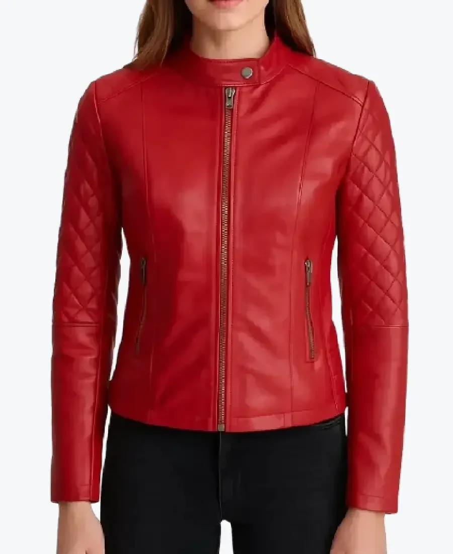 Women’s Quilted Red Cafe Racer Leather Jackets Rare Jacket
