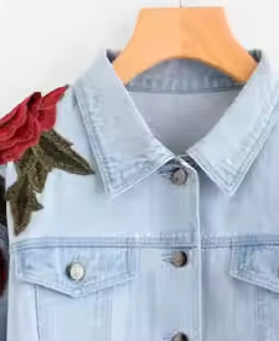 3D Rose Embroidery Patch Denim Jacket 3 3D Rose Embroidery Patch Denim Jacket Collar