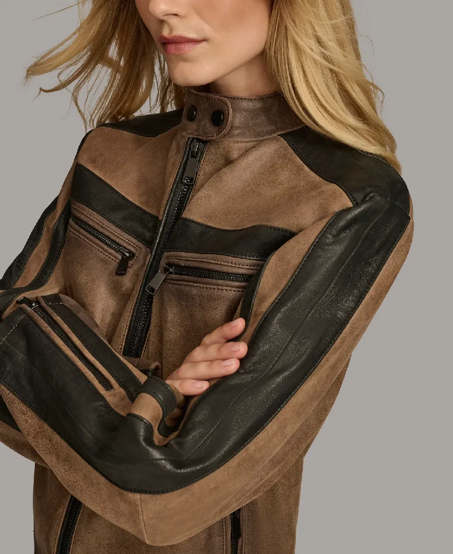 Women Color Block Racer Leather Jacket 3 Women Color Block Racer Leather Jacket - Image 3