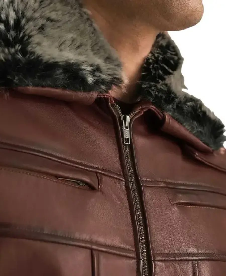 Men Fur Collar Brown Leather Jacket 4 Men Fur Collar Brown Leather Jacket - Image 4