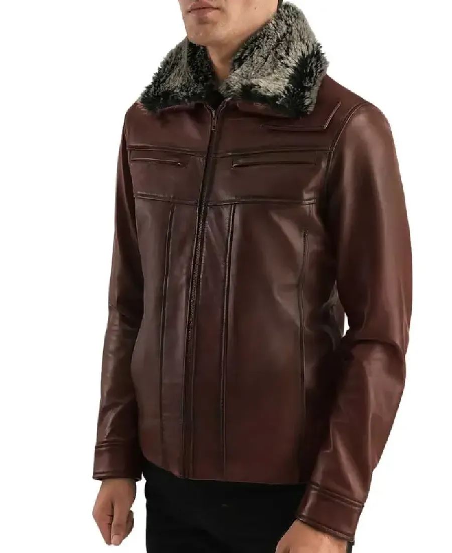 Men Fur Collar Brown Leather Jacket 3 Men Fur Collar Brown Leather Jacket - Image 3