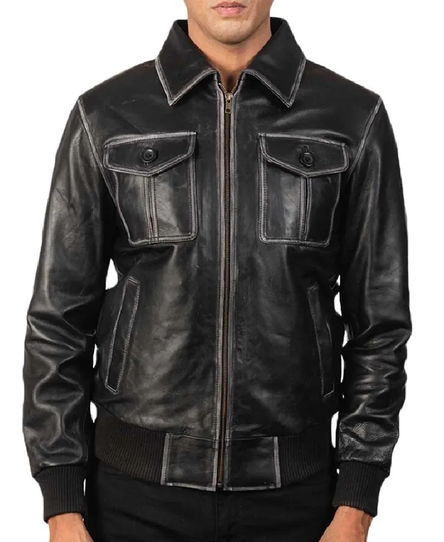 Men'S Aaron Black Leather Bomber Jacket