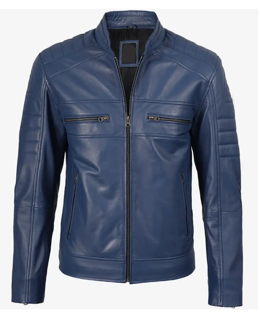Men'S Cafe Racer Blue Leather Jacket 3 Men'S Cafe Racer Blue Leather Jacket - Image 3
