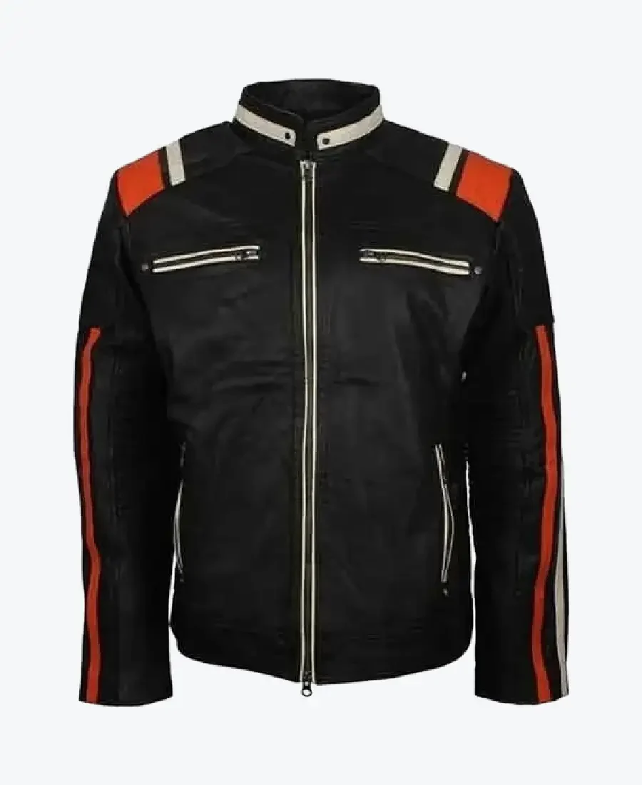 Men’s Cafe Racer Striped Black Retro Biker Jackets Rare Jacket