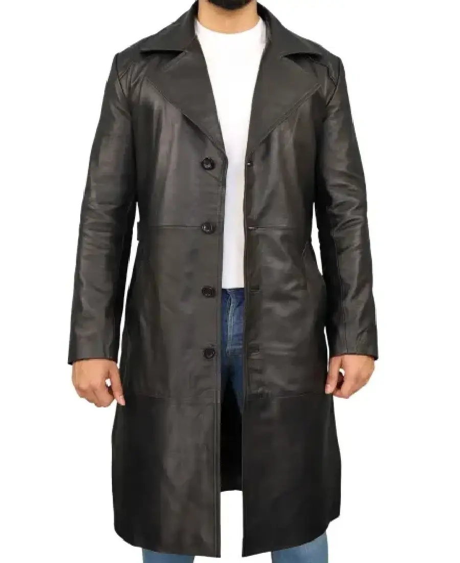 Men’s Classic Black Leather Duster Coat
