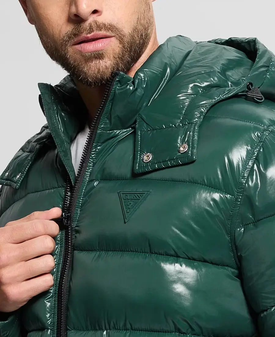 Men'S Shiny Hooded Puffer Jacket 3 Men'S Shiny Hooded Puffer Jacket Closeup - Trendy Leather Jackets