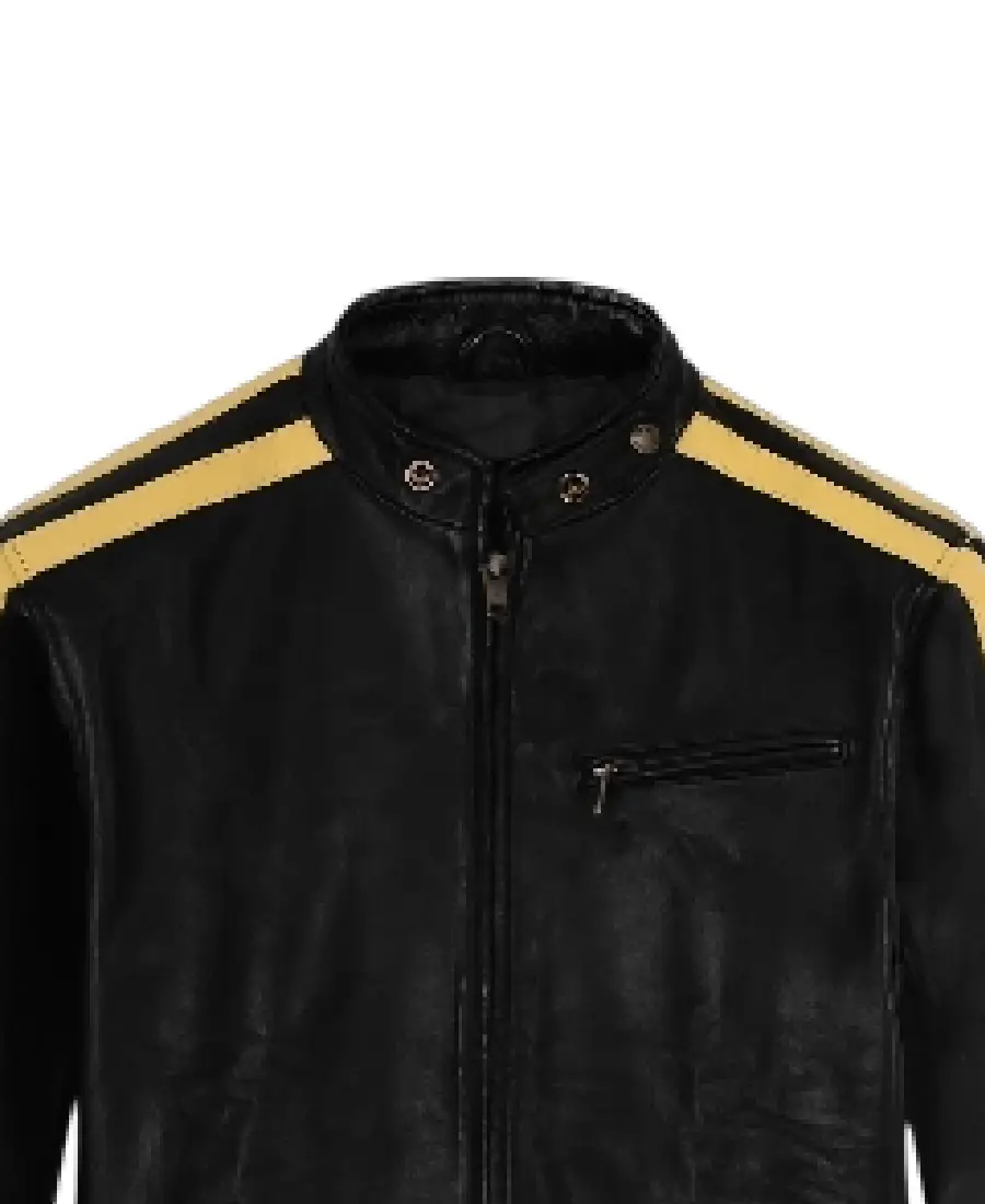 Men'S Yellow Stripes Black Leather Jacket 3 Men'S Yellow Stripes Black Leather Jacket Collar
