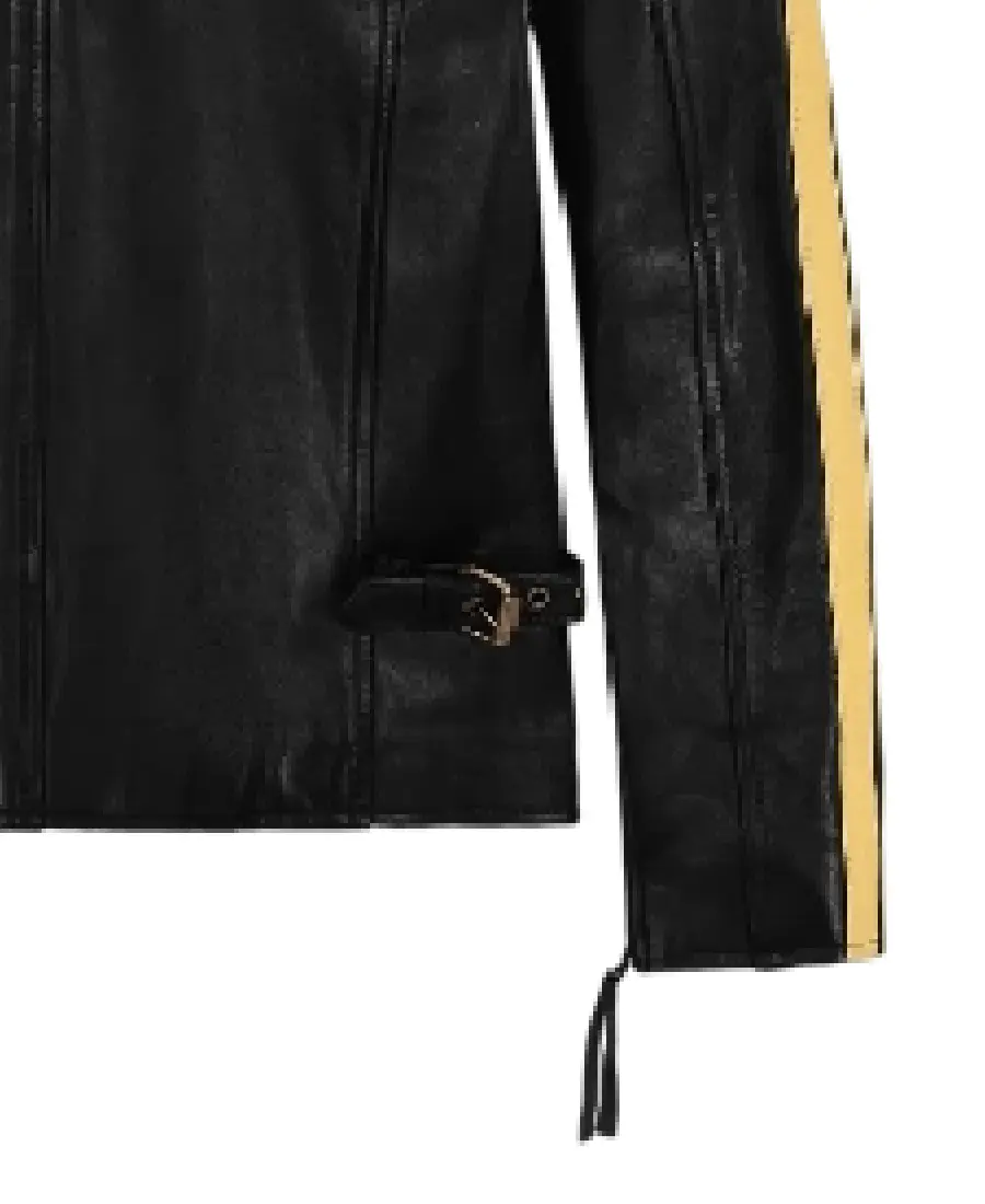 Men'S Yellow Stripes Black Leather Jacket 4 Men'S Yellow Stripes Black Leather Jacket Sleeves