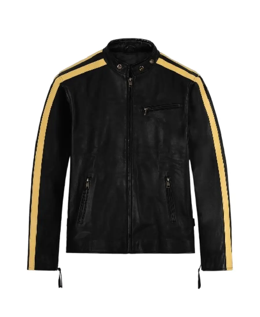 Men'S Yellow Stripes Black Leather Jacket 1 Men'S Yellow Stripes Black Leather Jacket
