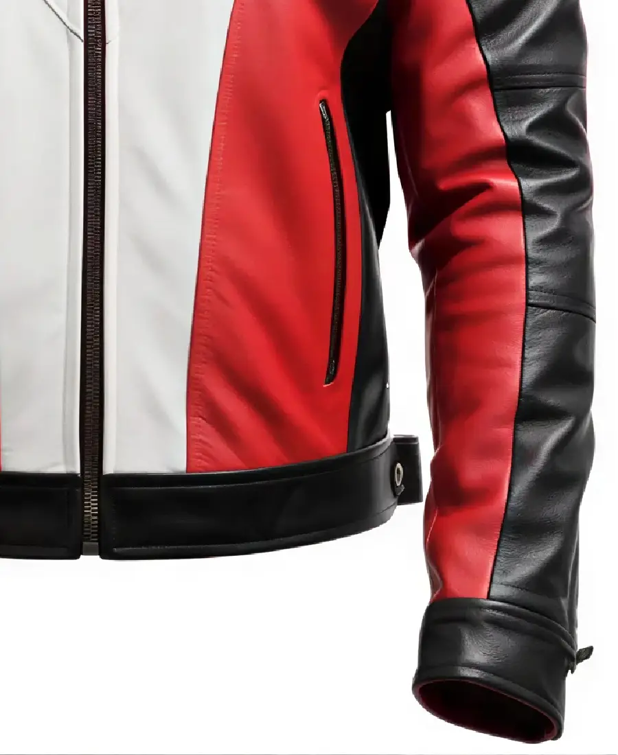 Men'S Red And Black Moto Faux Leather Jacket 4 Men’s Red And Black Moto Faux Leather Jacket Cuffs Closeup