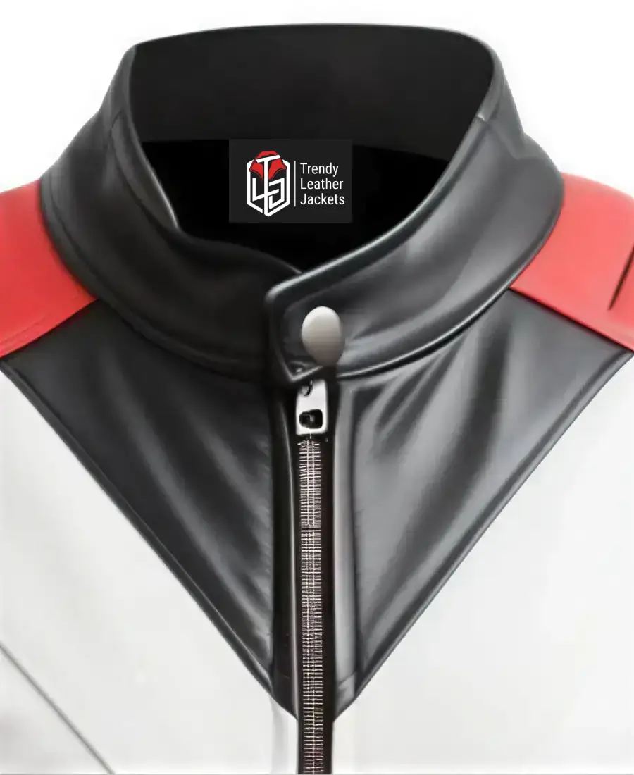 Men'S Red And Black Moto Faux Leather Jacket 3 Men'S Red And Black Moto Faux Leather Jacket Closeup