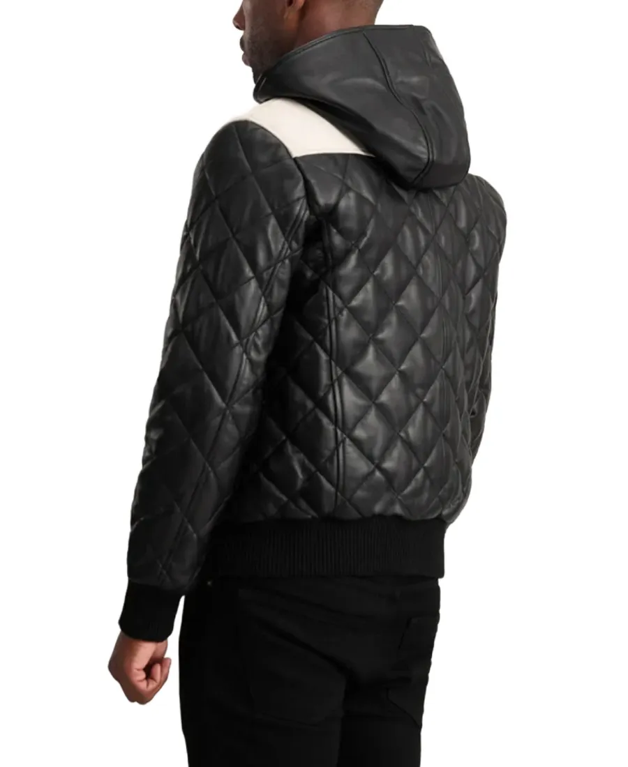 Alternative view of Men's Black Hooded Puffer Leather Jacket