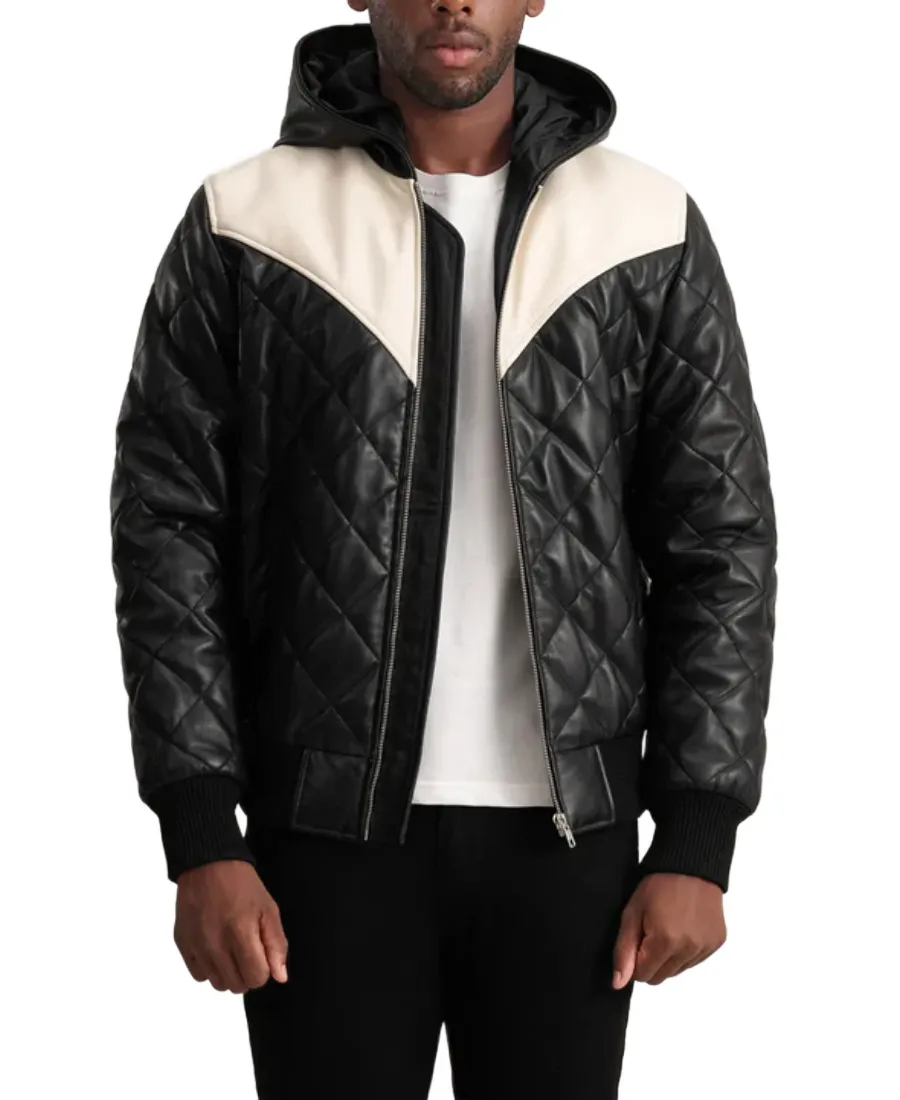 Men's Black Hooded Puffer Leather Jacket