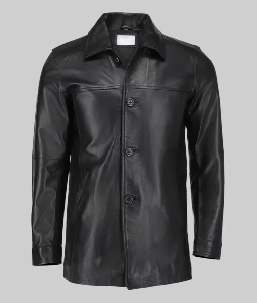 Men’s Classic Solid Black Leather Coat