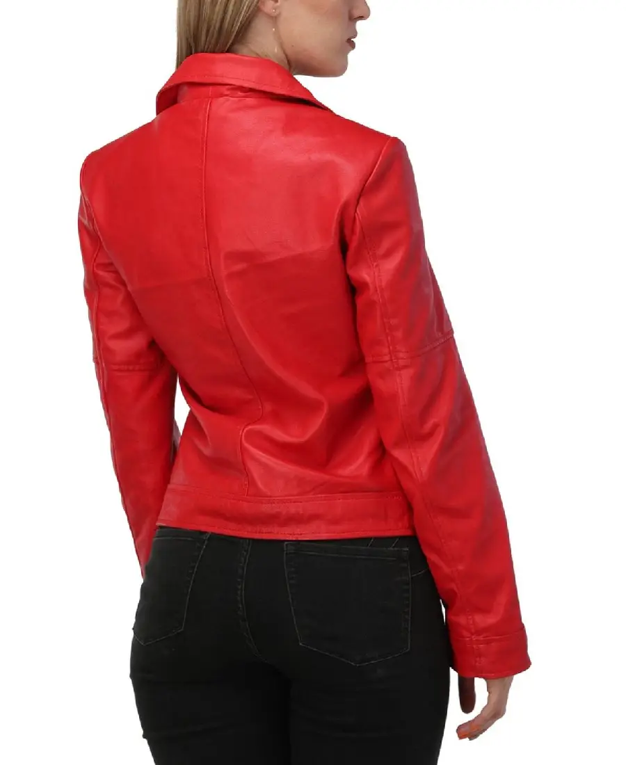 Shop The Women’s Lapel Style Red Leather Jacket Back