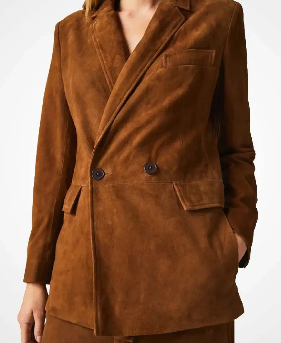 Women Brown Suede Leather Blazer 3 Women Brown Suede Leather Blazer Closeup
