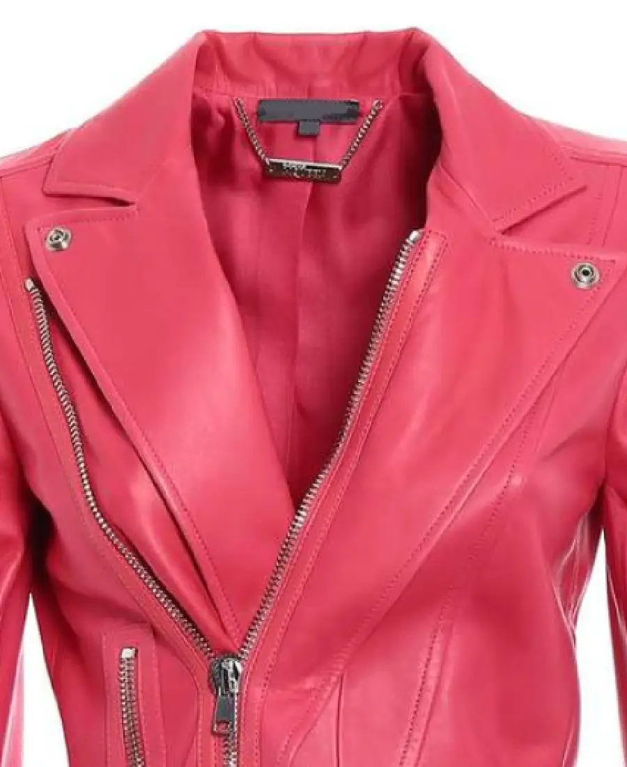 Women'S Pink Belted Biker Lether Jacket 3 Women'S Pink Belted Biker Lether Jacket Collar