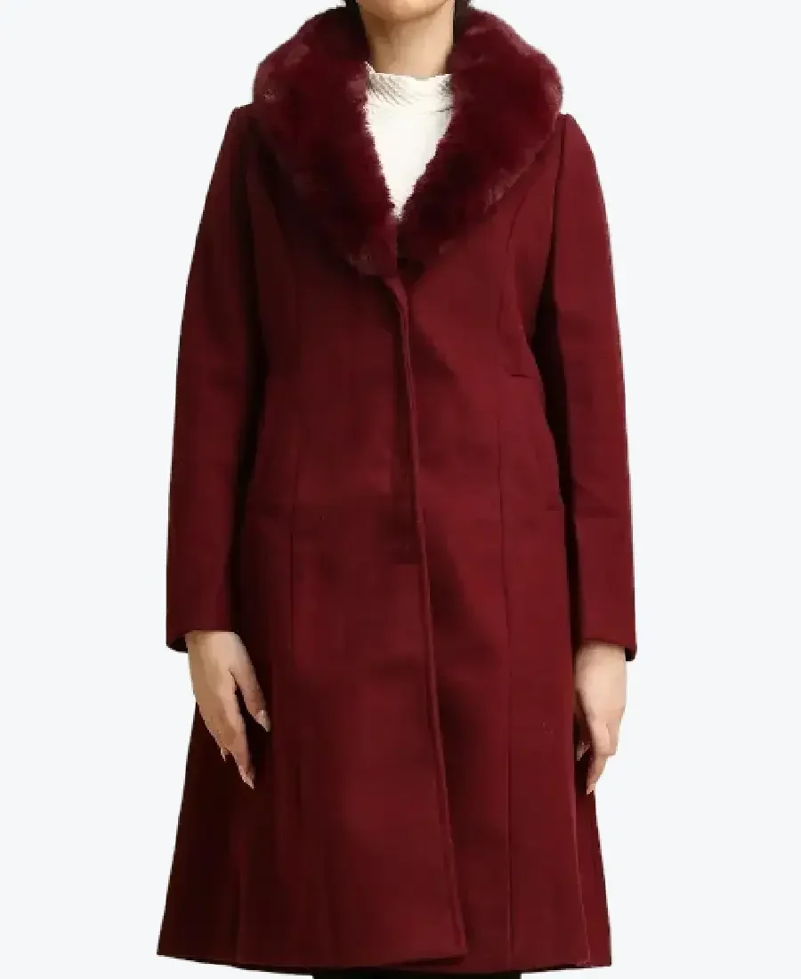 Women’s Burgundy Faux Fur Collar Wool Coat women’s burgundy faux fur collar wool coat
