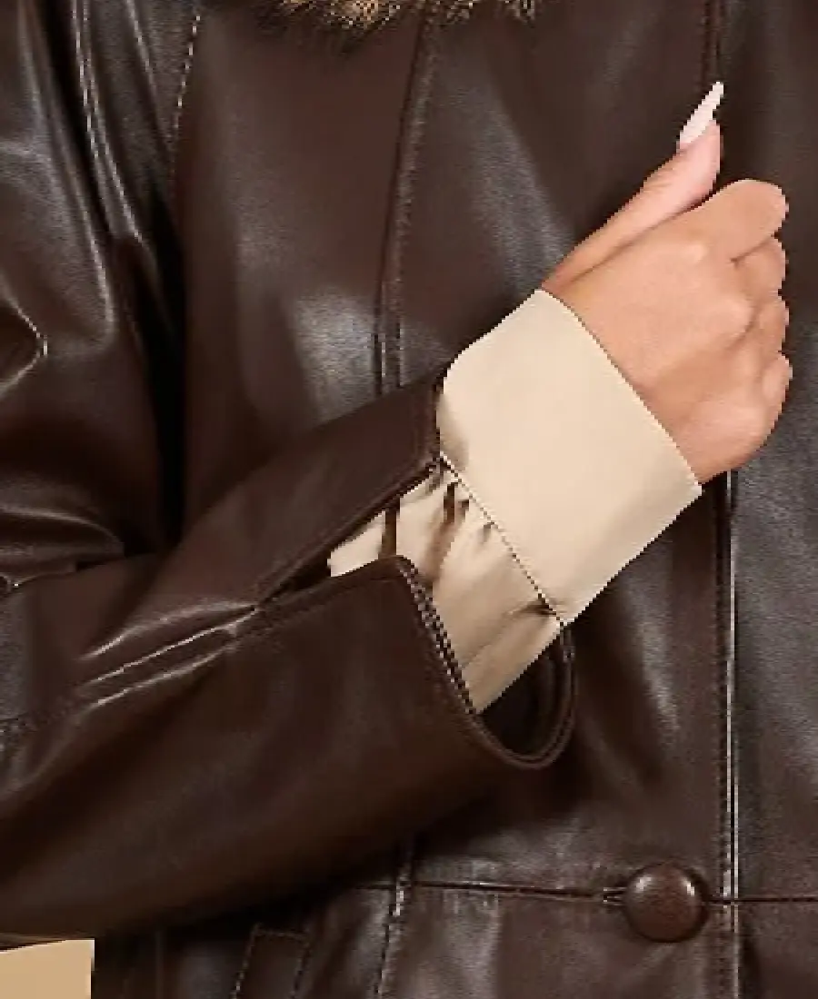 Women'S Nappa Dark Brown Hooded Leather Coat 4 Women'S Pamela Nappa Hooded Leather Coat Sleeves