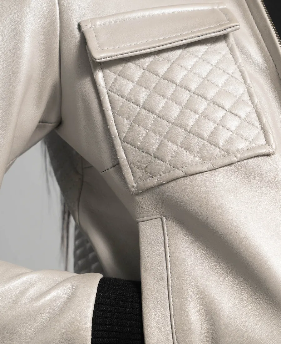 Women'S Off White Leather Bomber Jacket 5 Women'S Off White Leather Bomber Jacket - Image 5