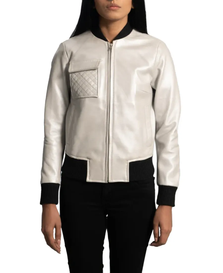 Women'S Off White Leather Bomber Jacket 3 Women'S Off White Leather Bomber Jacket - Image 3