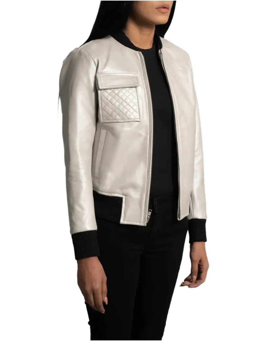 Women'S Off White Leather Bomber Jacket 4 Women'S Off White Leather Bomber Jacket - Image 4