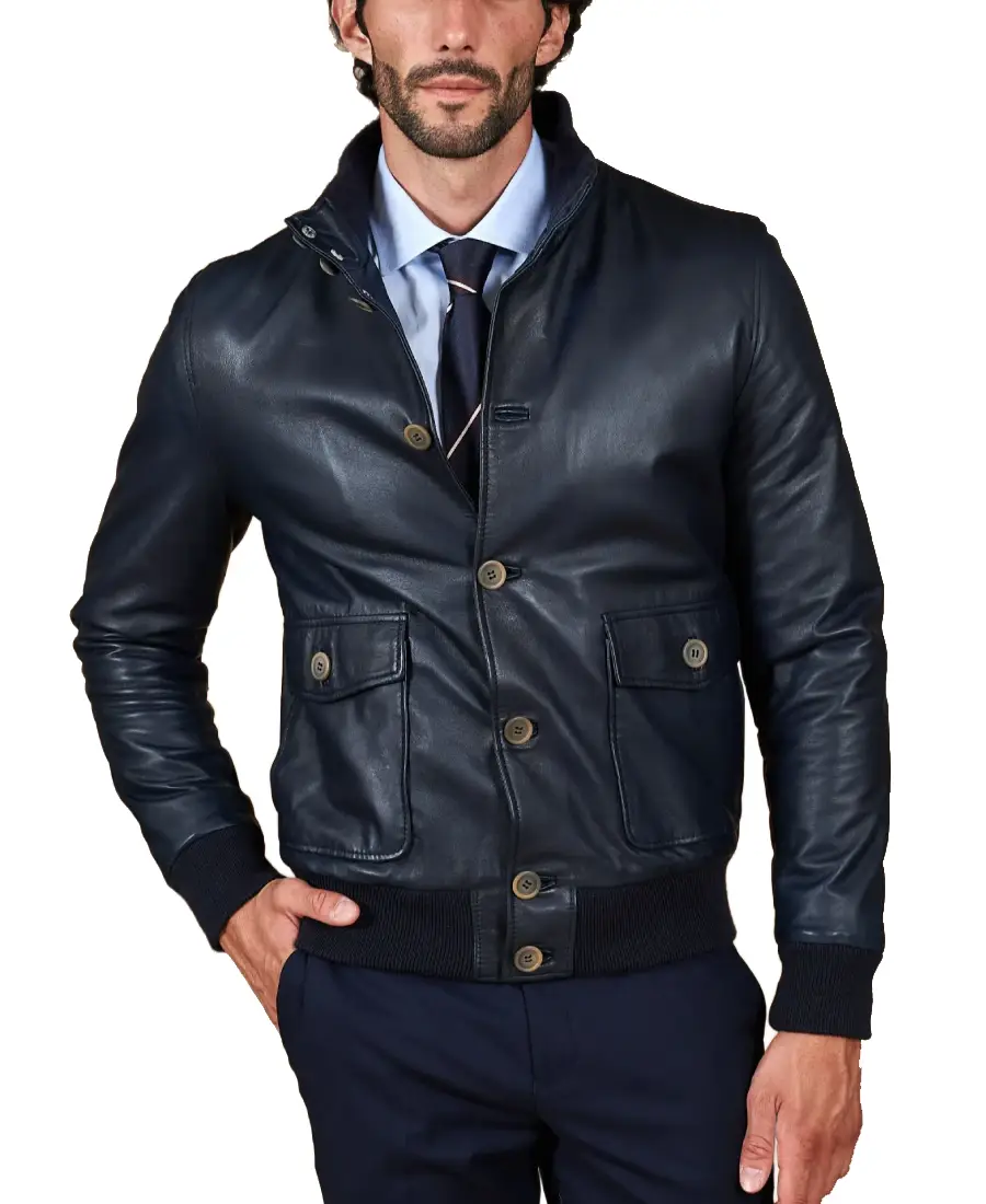 Men's Nappa Navy Bomber Leather Jacket Front - Trendy Leather Jackets