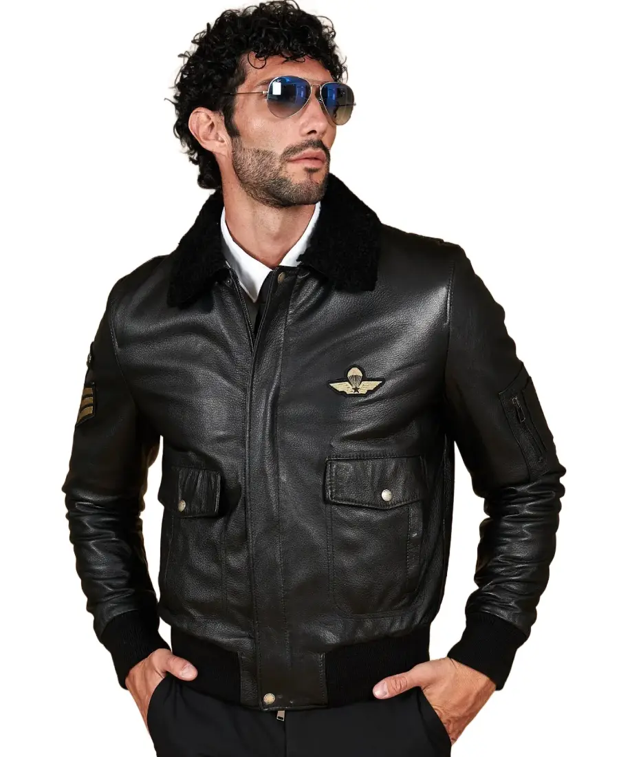 Wrinkled Shearling Collar Bomber Leather Jacket