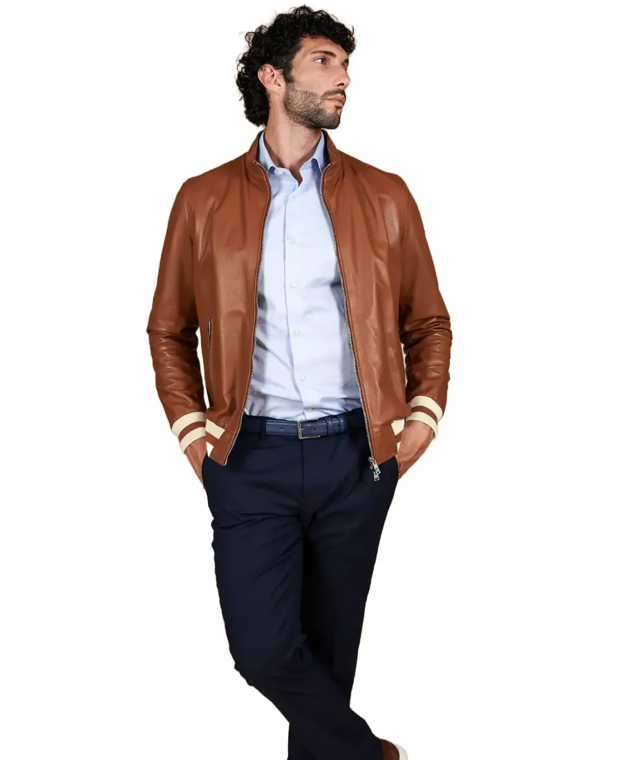 Men'S Tan Natural Bomber Leather Jacket 3 Men'S Tan Natural Bomber Leather Jacket Front - Trendy Leather Jackets