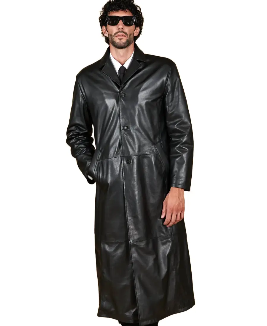 Men'S Black Long Leather Coat 3 Men'S Black Long Leather Coat Front - Trendy Leather Jackets