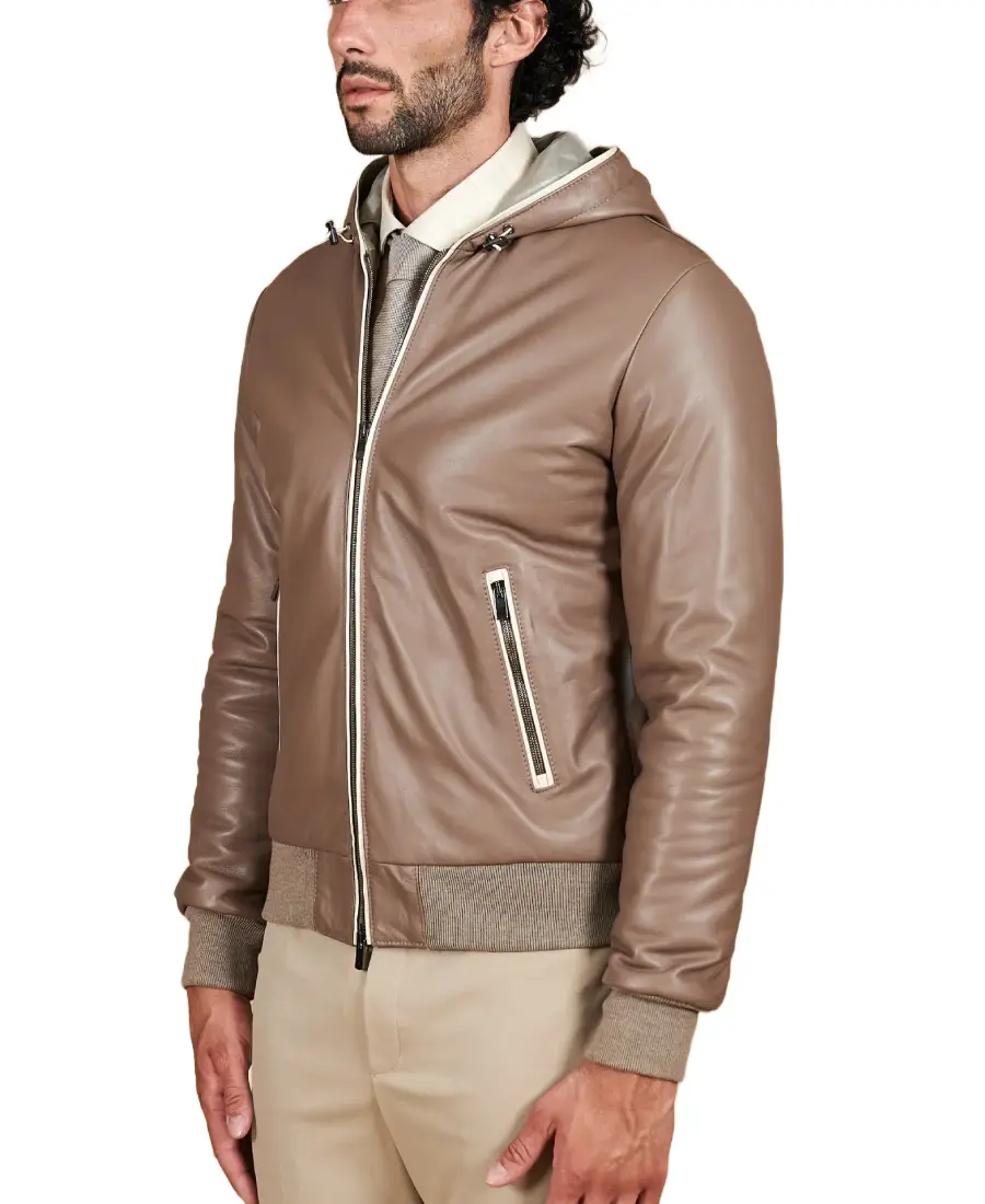 Men'S Taupe Hooded Bomber Leather Jacket 4 Men'S Taupe Hooded Bomber Leather Jacket Side - Trendy Leather Jackets