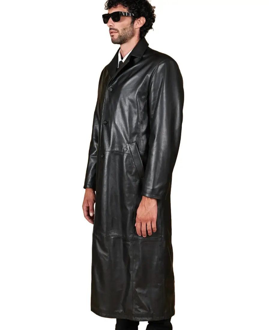 Men'S Black Long Leather Coat 4 Men'S Black Long Leather Coat Side - Trendy Leather Jackets