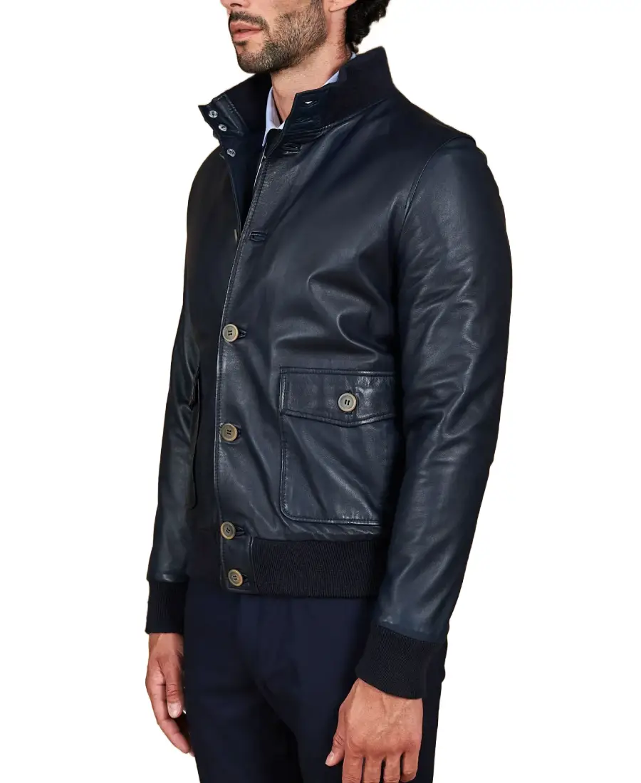 Men'S Nappa Navy Bomber Leather Jacket 4 Men'S Nappa Navy Bomber Leather Jacket Side - Trendy Leather Jackets