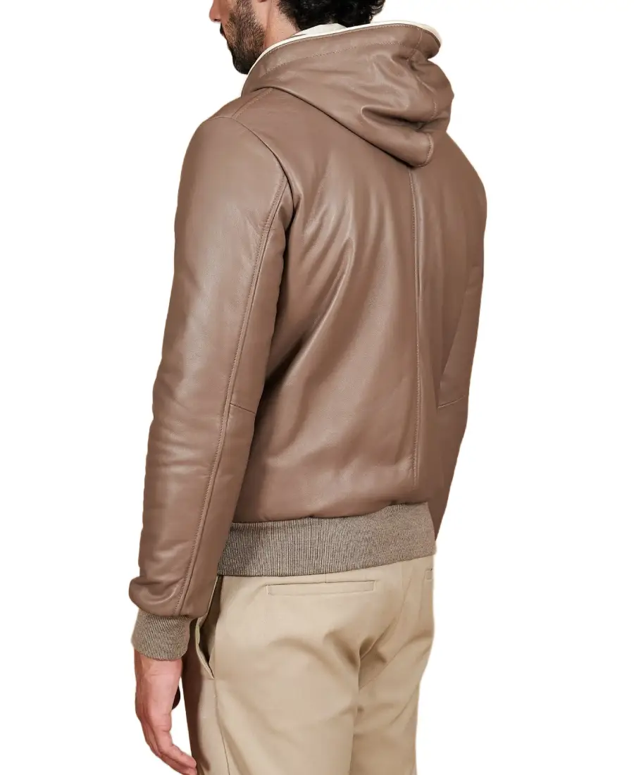 Shop The Men's Taupe Hooded Bomber Leather Jacket - Trendy Leather Jackets