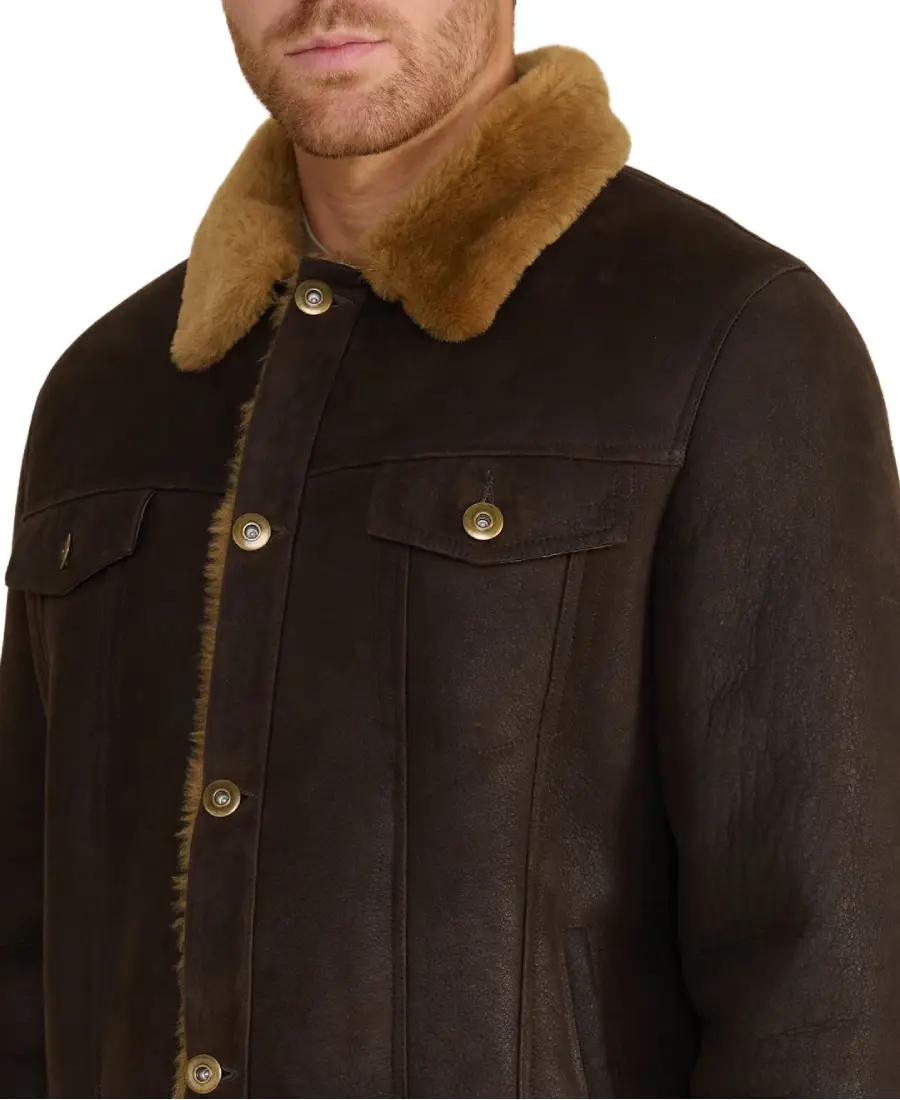 Alfie Dark Brown Shearling Jacket 4 Alfie Dark Brown Shearling Jacket Closeup - Trendy Leather Jackets