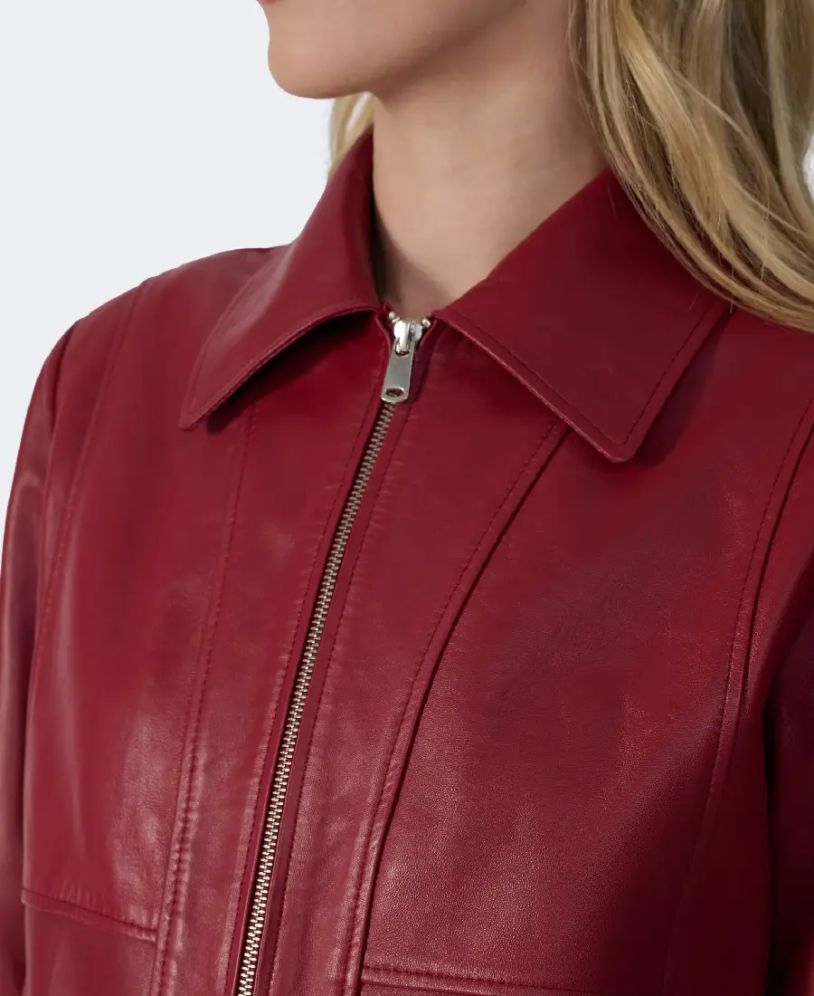 Women Red Leather Jacket 4 Women Red Leather Jacket Closeup - Trendy Leather Jackets
