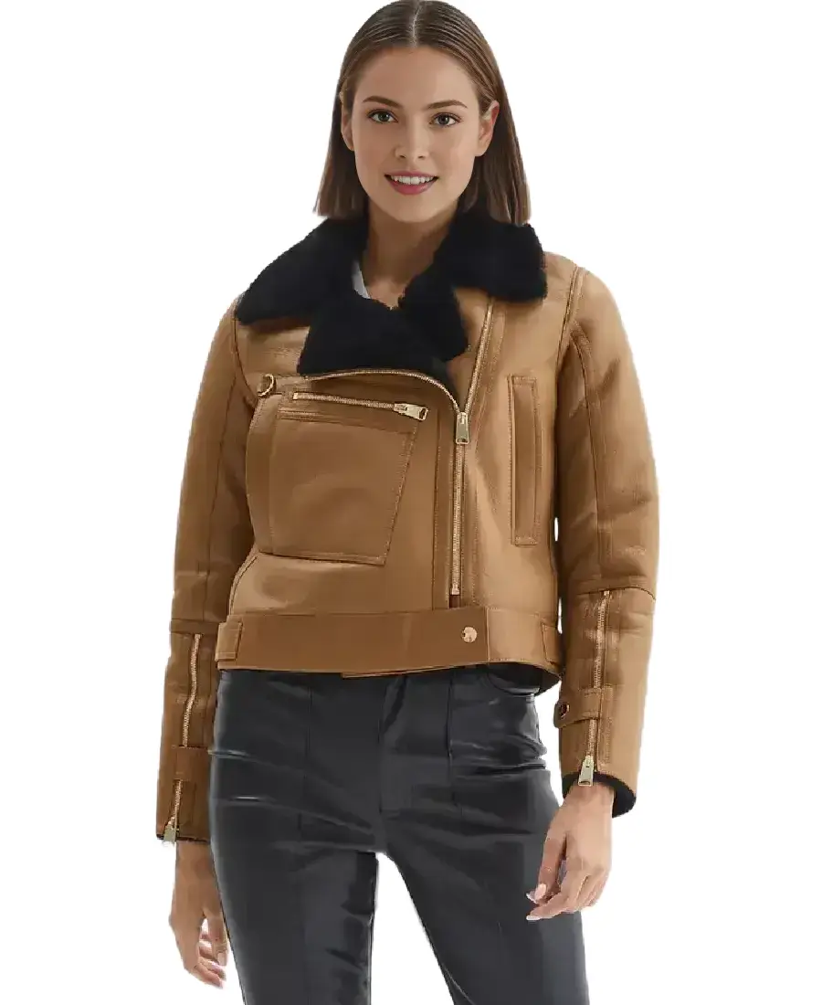 Eloise Brown Shearling Leather Jacket 3 Eloise Brown Shearling Leather Jacket Front - Trendy Leather Jackets