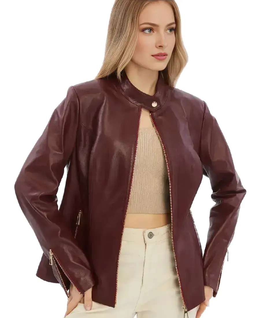 Elspeth Women Burgundy Leather Jacket 4 Elspeth Women Burgundy Leather Jacket Closure - Trendy Leather Jackets