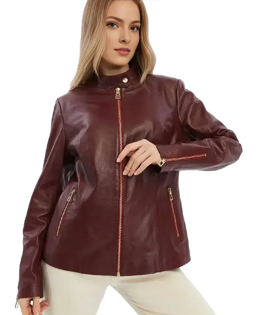 Elspeth Women Burgundy Leather Jacket 3 Elspeth Women Burgundy Leather Jacket Front - Trendy Leather Jackets