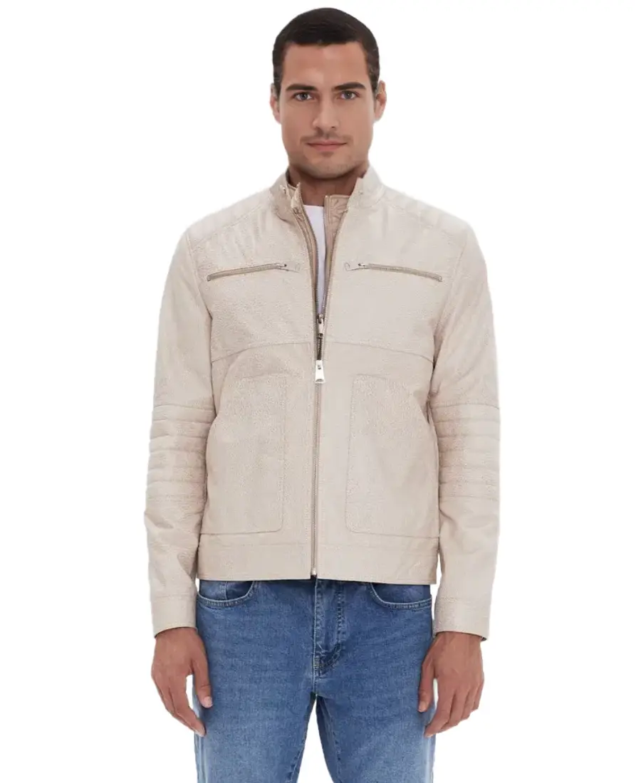 Henry Patterned Cream Leather Jacket - Trendy Leather Jackets