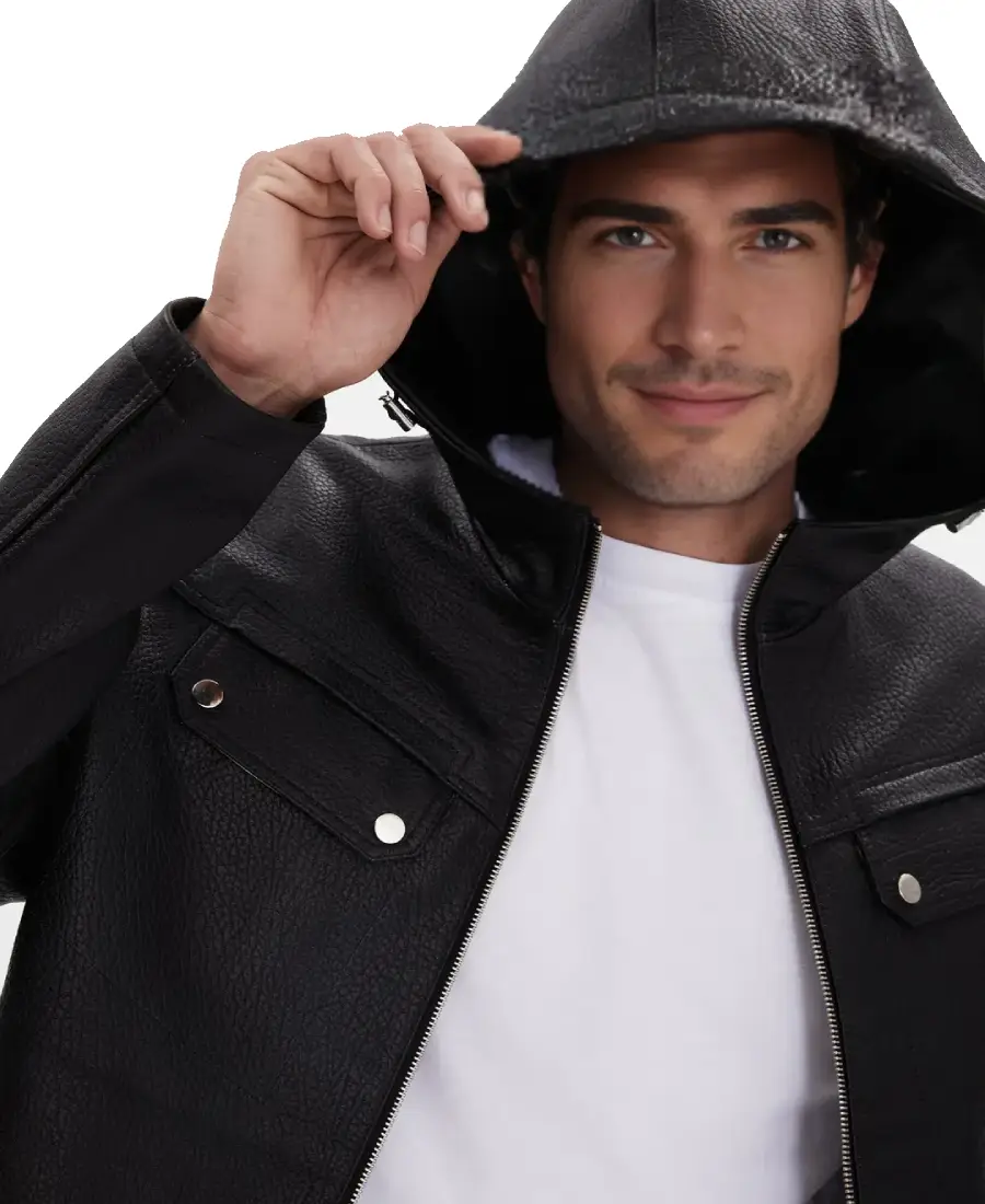 Black Men'S Hooded Leather Jacket 4 Black Men'S Hooded Leather Jacket Closeup - Trendy Leather Jackets